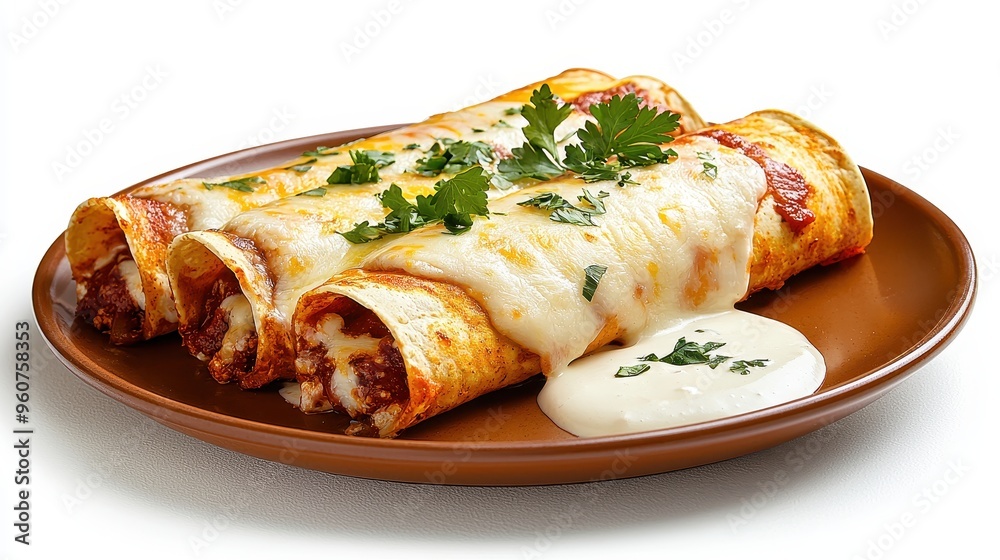 Delicious Spicy Cheese Topped Mexican Enchiladas - Appetizing Dish with Traditional Flavors Delicious Spicy Cheese Topped Mexican Enchiladas - Appetizing Dish with Traditional Flavors