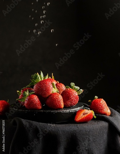 Frutas con fondo negro con telas y losa negra, iluminación de estudio  