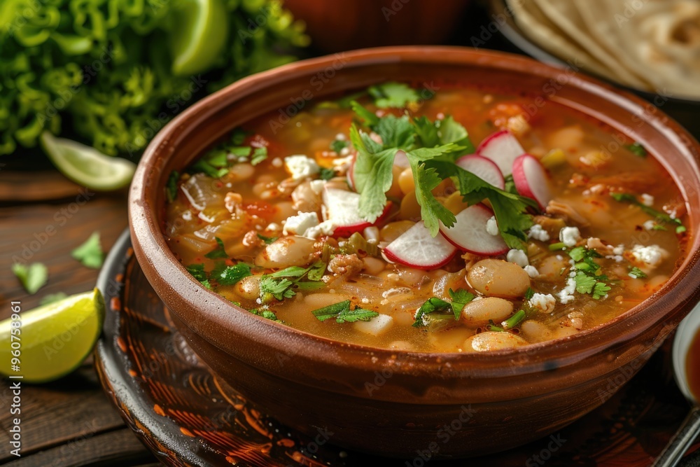 A warm bowl of soup served with crispy tortillas on a plate, perfect for a comforting meal A warm bowl of soup served with crispy tortillas on a plate, perfect for a comforting meal
