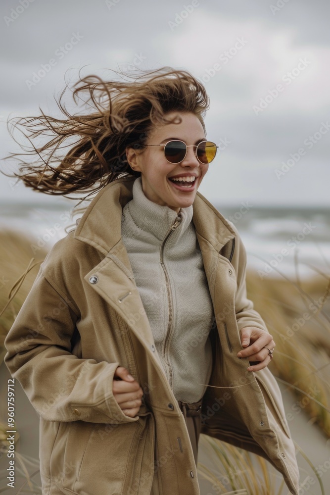 A woman relaxing on the beach wearing a tan coat and sunglasses A woman relaxing on the beach wearing a tan coat and sunglasses