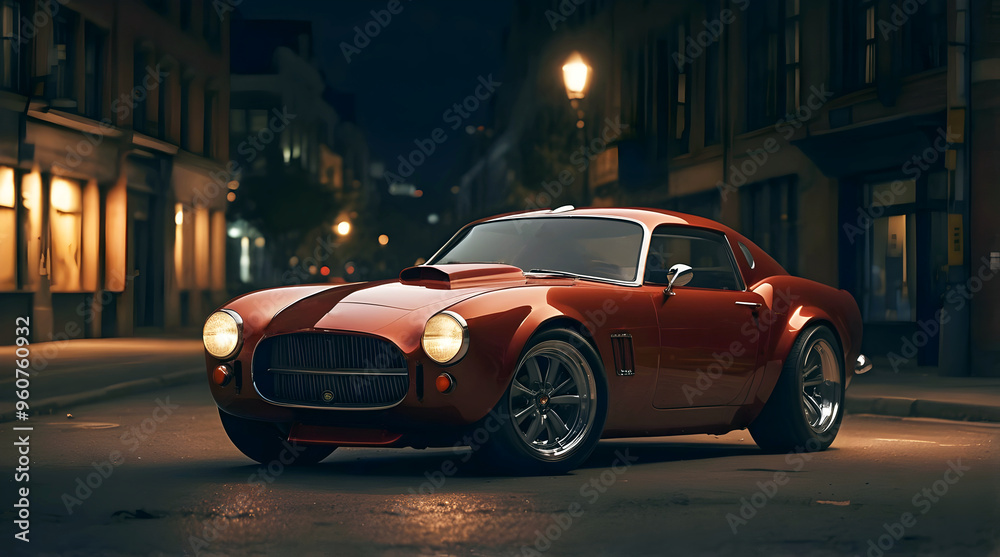 Beautiful unique red brown vintage hot rod car parked in street at night, automotive background, tuning template, auto transport