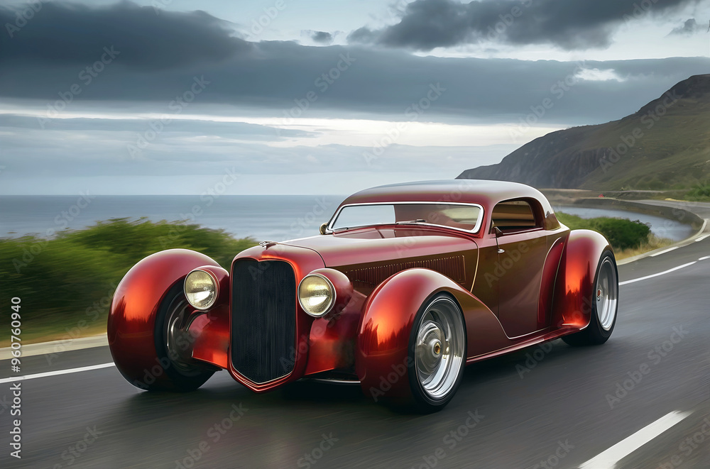 Beautiful unique red brown vintage hot rod car driving on mountain road with ocean view, automotive background, tuning template, auto transport
