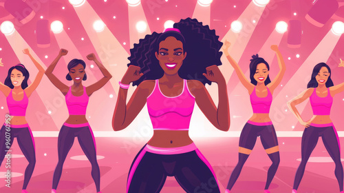 Women are joyfully exercising together in vibrant pink outfits, surrounded by dynamic lighting in a dance class