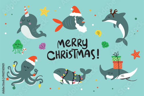 Christmas collection under the sea. Cute whale, octopus, dolphin, fish, jellyfish and narwhal in Christmas costume.