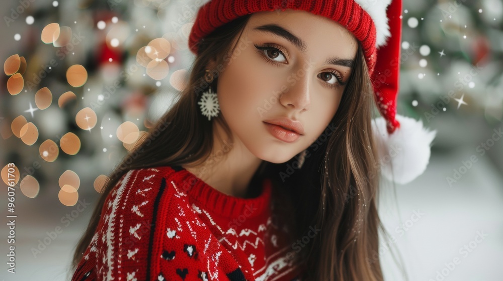 beautiful young woman dressed in christmas hat and red sweatshirt beautiful young woman dressed in christmas hat and red sweatshirt