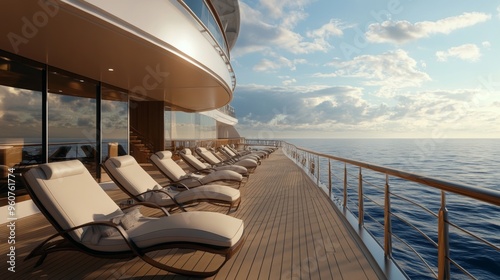 Close-up of a luxurious cruise ship deck with elegant lounge chairs and passengers enjoying the ocean view, showcasing the ship's opulent amenities.