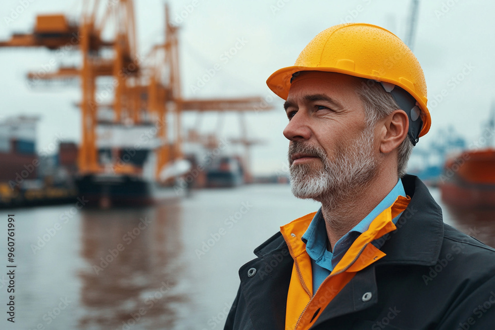 Experienced Engineer with Hard Hat at a Large Construction Site Experienced Engineer with Hard Hat at a Large Construction Site