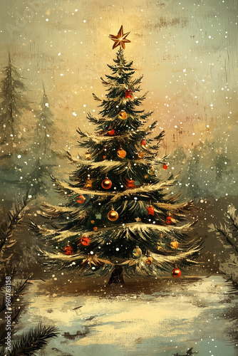 A beautifully illustrated vintage Christmas tree stands in a snowy forest, decorated with ornaments and surrounded by falling snow, creating a nostalgic and festive winter postcard scene