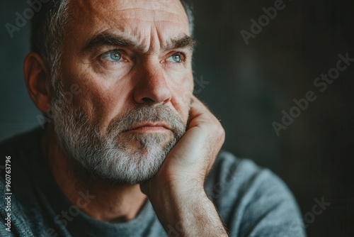 A man resting his chin on his hand appears lost in serious thought while contemplating life's complexities in a quiet moment. Generative AI