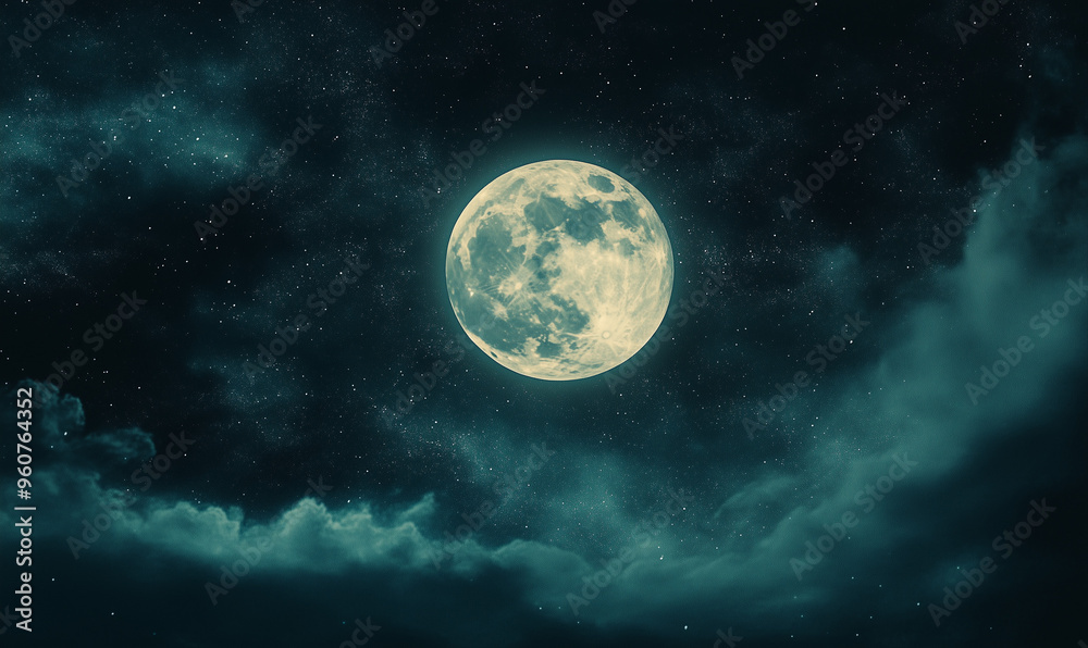 Fototapeta premium Bright Full Moon in Night Sky: Capturing the Mystique of Celestial Phenomena