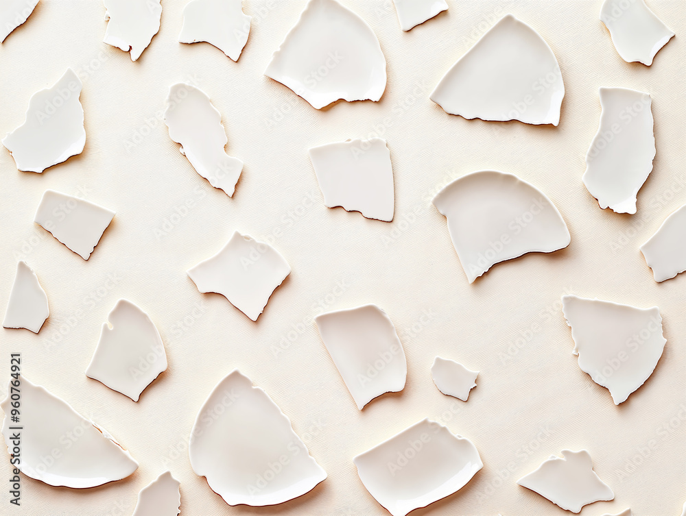 Scattered White Broken Plate Pieces Arranged in Random Pattern