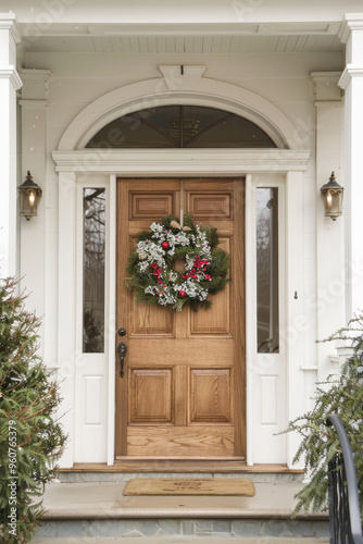 Christmas and fall season wreath on the luxury american style home front door