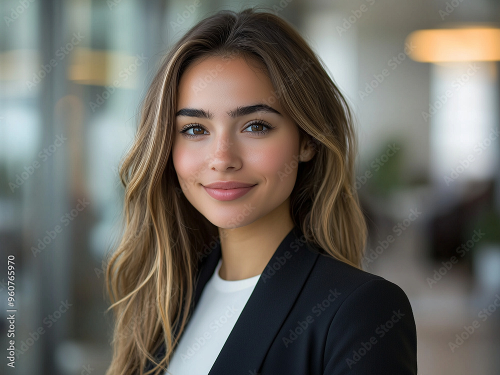 Naklejka premium Young Business Woman - woman, professional, smile, business, office, portrait, female, young, confident, corporate, executive, working, manager, suit, workplace