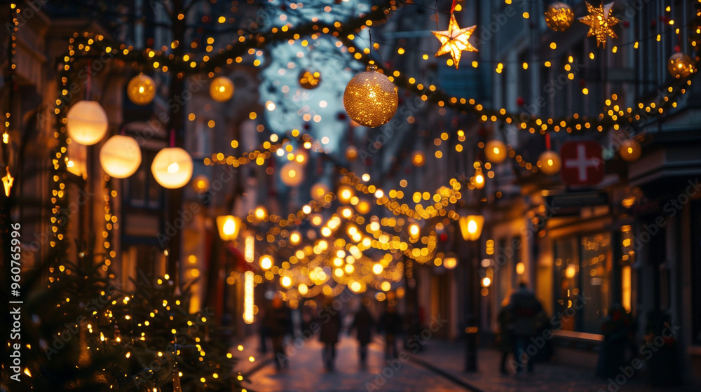 A beautifully decorated city street with warm lights and garlands during the evening, perfect for Christmas or New Year festivities. A beautifully decorated city street with warm lights and garlands during the evening, perfect for Christmas or New Year festivities.