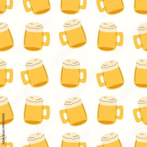 Seamless pattern in simple hand drawn style. Doodle beer mug. Ideal for Oktoberfest, bar decor, wrapping paper, menus, posters, and festive design.