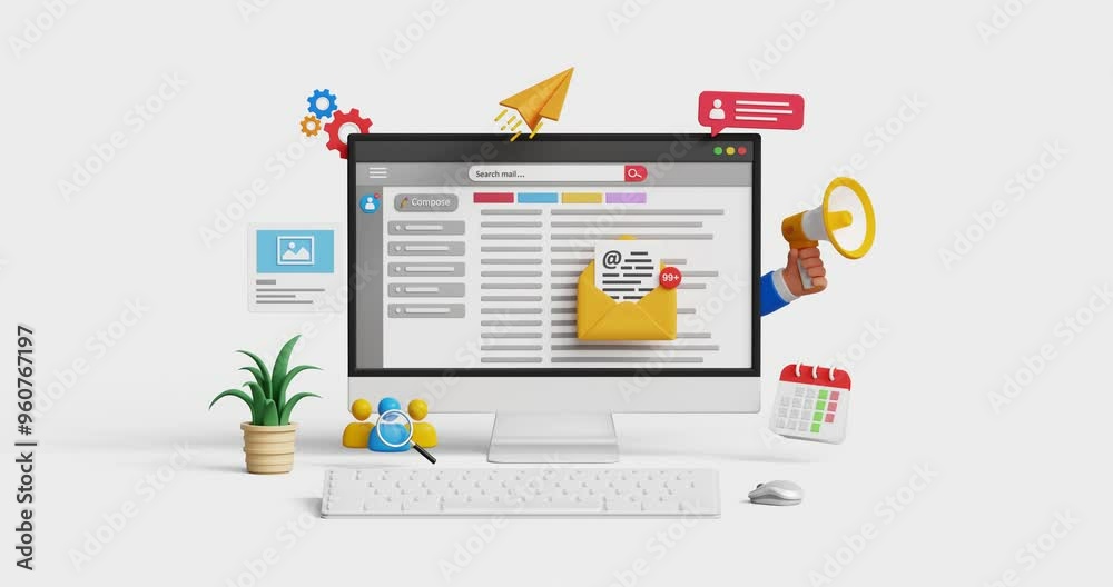 Email marketing, CRM, email automation concept. Email newsletter automated marketing, subscription, business email solutions. 3D computer with emails inbox. 4K 3D animation. Trim first 3 sec for loop