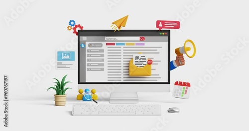 Email marketing, CRM, email automation concept. Email newsletter automated marketing, subscription, business email solutions. 3D computer with emails inbox. 4K 3D animation. Trim first 3 sec for loop