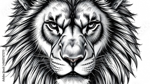 Detailed illustration of a majestic lion showcasing its powerful features and fierce expression against a simple background