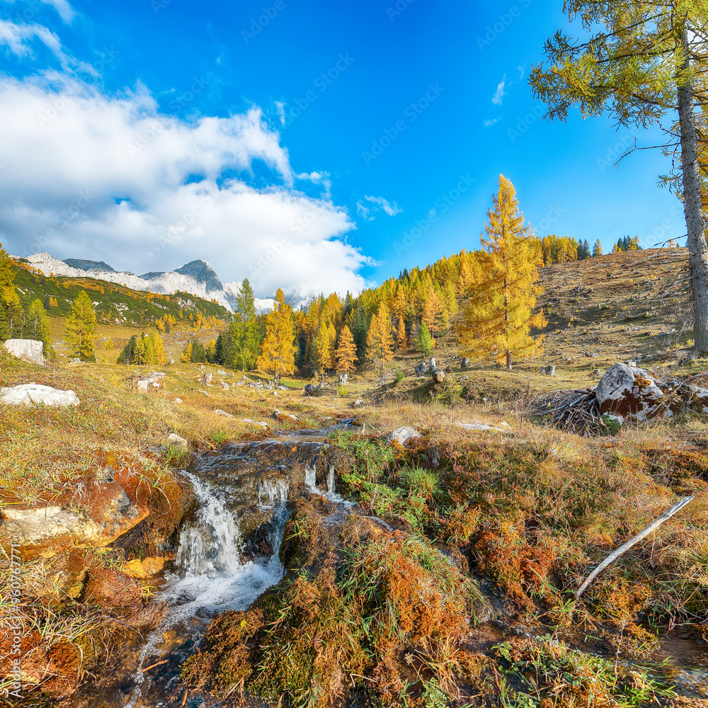 Stunning view of mountains and valleys with larch forest and wonderful sky are located in Filzmoos Stunning view of mountains and valleys with larch forest and wonderful sky are located in Filzmoos