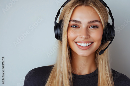 Portrait of a young woman with a headset and microphone, perfect for customer service or call center visuals, generative AI photo