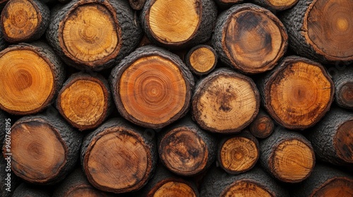 Close-up view of stacked wood rounds, showing the grain and texture of the wood.