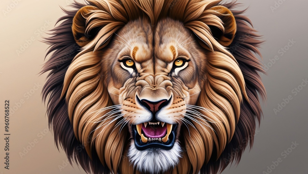 Fototapeta premium Majestic lion head with fierce expression set against a subtle gradient background