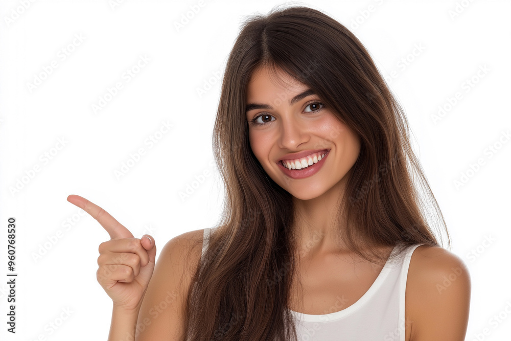 Portrait of a beautiful, smiling young woman on a white background, pointing to the side at an empty space perfect for text, logos, or advertisements, generative AI Portrait of a beautiful, smiling young woman on a white background, pointing to the side at an empty space perfect for text, logos, or advertisements, generative AI
