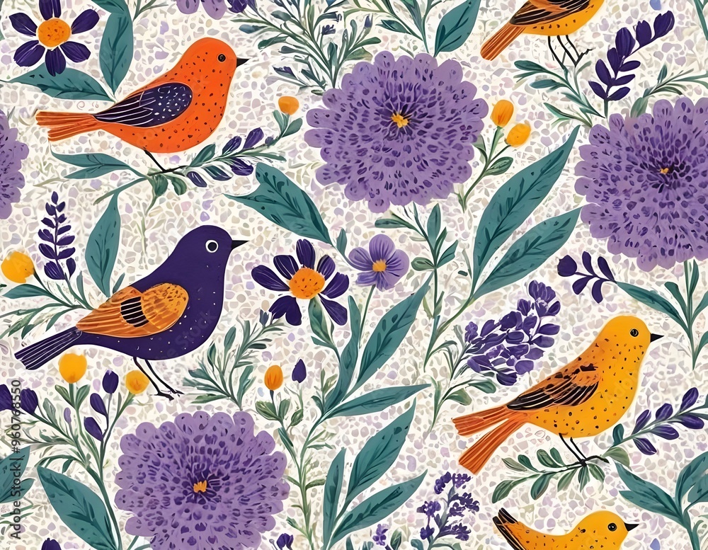 Fototapeta premium Elegant purple birds perched among floral patterns in a vibrant design provance