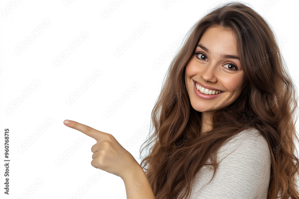 Portrait of a beautiful, smiling young woman on a white background, pointing to the side at an empty space perfect for text, logos, or advertisements, generative AI Portrait of a beautiful, smiling young woman on a white background, pointing to the side at an empty space perfect for text, logos, or advertisements, generative AI