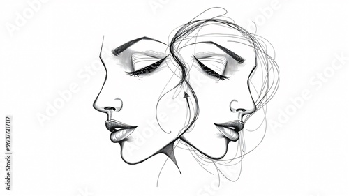 Artistic illustration of two women’s faces in profile, showcasing beauty and fine line drawing techniques