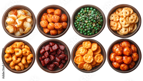 A diverse collection of snacks arranged in bowls, featuring an appealing mix of colors and textures.