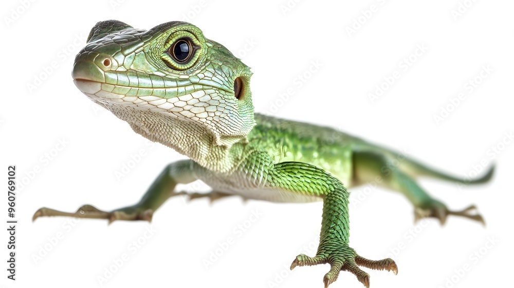 Fototapeta premium Complete body of green lizard isolated for transportation, clear image