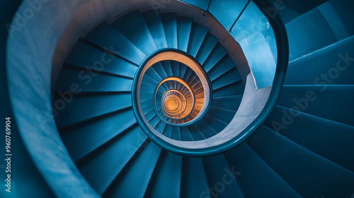 A striking spiral staircase shot from above, illuminated by contrasting blue and orange lighting, creating a dynamic and modern abstract design