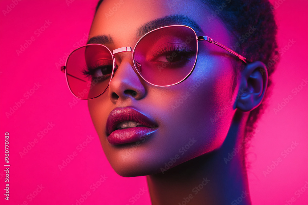 Womans Burgundy Eyewear with Solid Neon Pink Details, Modern Lifestyle Portrait with Fashion Focus Womans Burgundy Eyewear with Solid Neon Pink Details, Modern Lifestyle Portrait with Fashion Focus