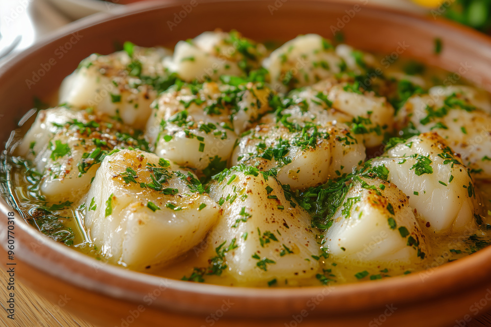 Delicious Bacalao al pil pil served freshly in a traditional Spanish setting with vibrant herbs and rich flavors Delicious Bacalao al pil pil served freshly in a traditional Spanish setting with vibrant herbs and rich flavors