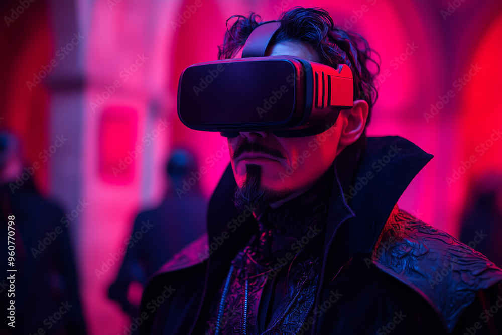 A virtual vampire exploring dark realms with immersive technology in a mysterious urban landscape at twilight A virtual vampire exploring dark realms with immersive technology in a mysterious urban landscape at twilight