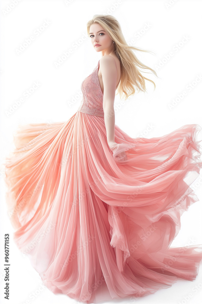 A beautiful, attractive, slim, and elegant young woman in a pink dress posing confidently against a white background, embodying style, glamour, and sophistication, generative AI A beautiful, attractive, slim, and elegant young woman in a pink dress posing confidently against a white background, embodying style, glamour, and sophistication, generative AI