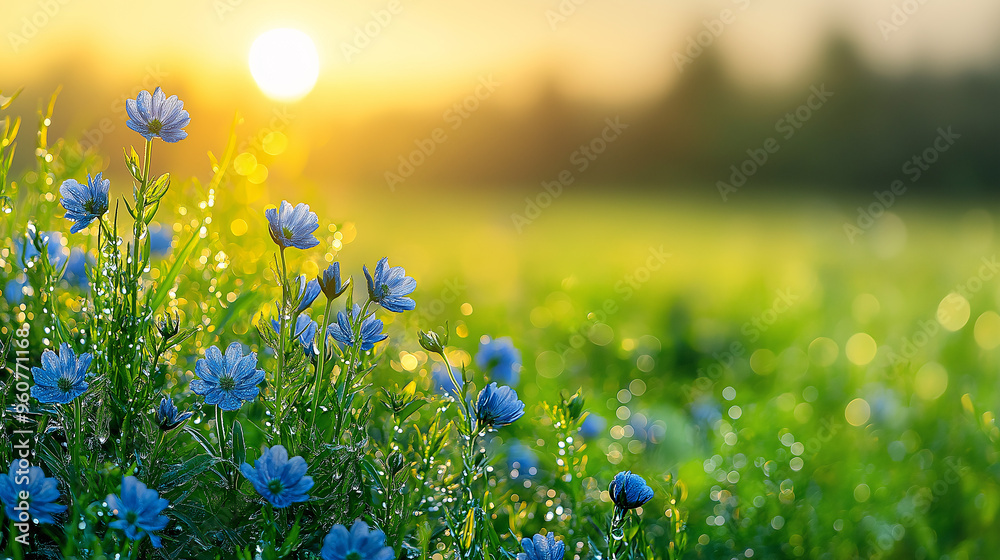 Fototapeta premium Sunrise Meadow: A field of delicate blue wildflowers basks in the golden glow of a sunrise, their petals glistening with morning dew. A peaceful and serene scene, perfect for nature lovers and those s