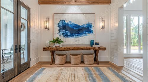 white luxury entry way design of luxury apartment with a lof ot light from the clear glass windows neutral color wood table white blue and white art frame 