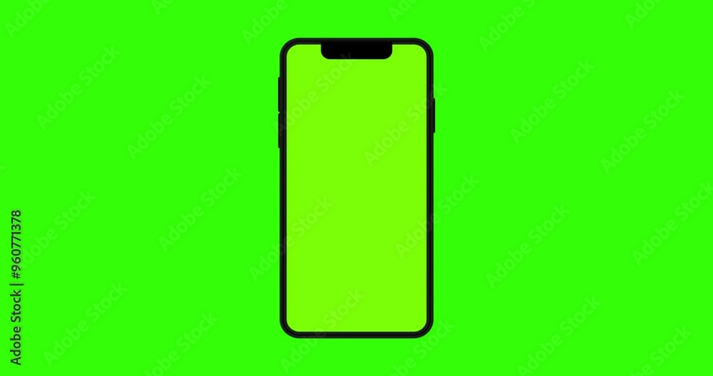 Mobile phone with blank chroma key, front view vertical, Smartphone isolated on a green and white background. 4K animation with camera track motion for presentation on mockup green screen