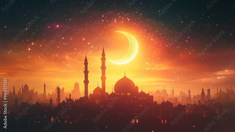 Silhouette of Cityscape with a Crescent Moon in the Sky