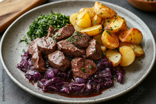 Savory fresh veal liver ragout in rich red wine sauce served with roasted potatoes and vibrant red cabbage