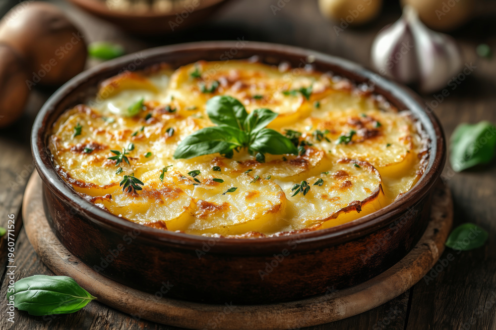 Delicious gratin dauphinois served warm, featuring layers of creamy baked potatoes topped with golden perfection in a rustic kitchen setting Delicious gratin dauphinois served warm, featuring layers of creamy baked potatoes topped with golden perfection in a rustic kitchen setting