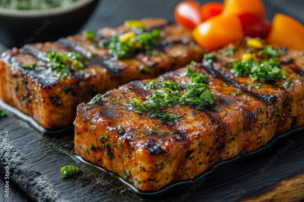 Delicious grilled vegan seitan steaks garnished with zesty pimientos de and vibrant herbs on a rustic wooden platter Delicious grilled vegan seitan steaks garnished with zesty pimientos de and vibrant herbs on a rustic wooden platter
