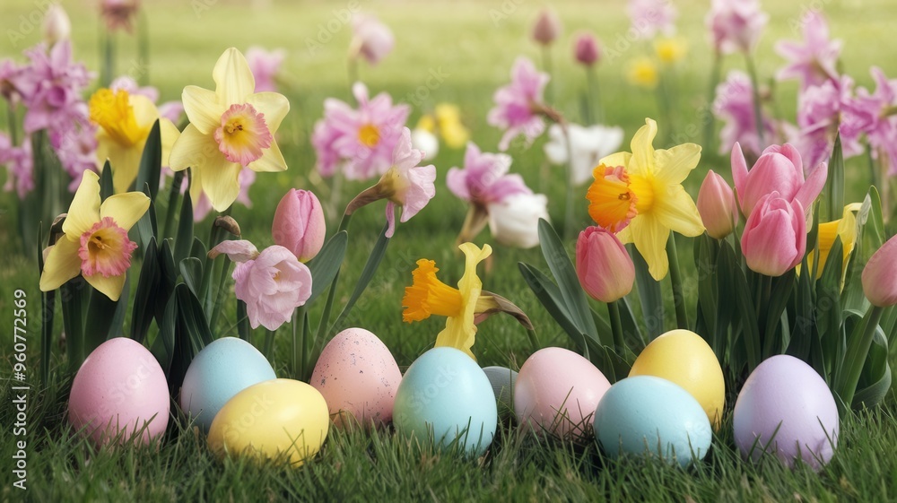 Fototapeta premium A banner with a grassy field and colorful eggs. Easter celebration