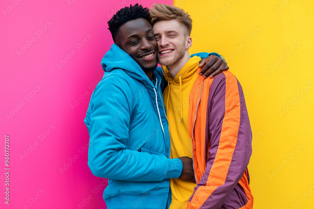 two gays love each other and a black gay and a white gay hug on a colored background, lgbtq+, generative AI two gays love each other and a black gay and a white gay hug on a colored background, lgbtq+, generative AI