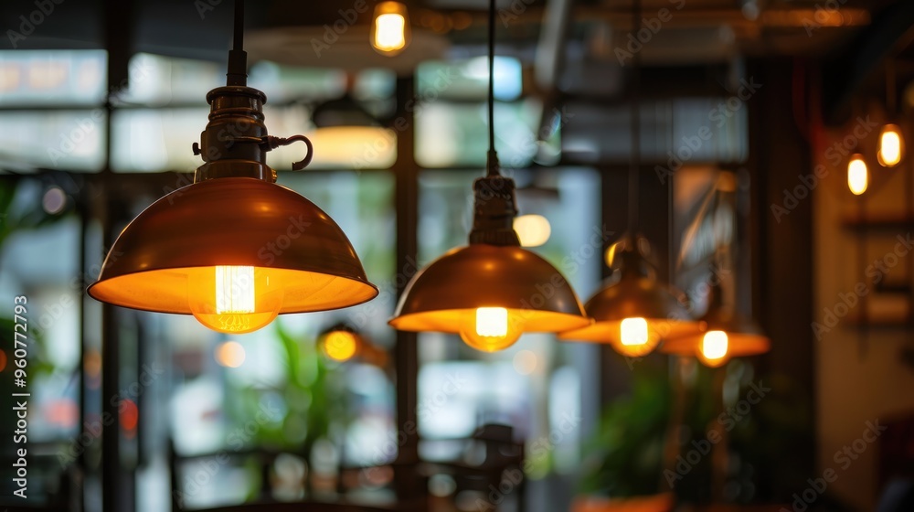 Obraz premium Vintage Loft Lamps Emitting Warm Light in a Cafe