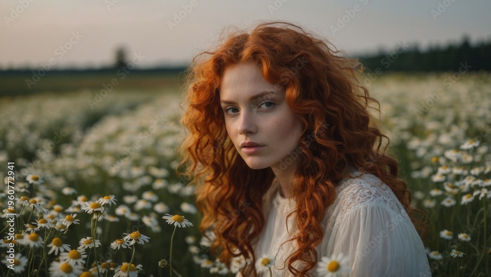 A woman with red hair stands in a field of white flowers A woman with red hair stands in a field of white flowers
