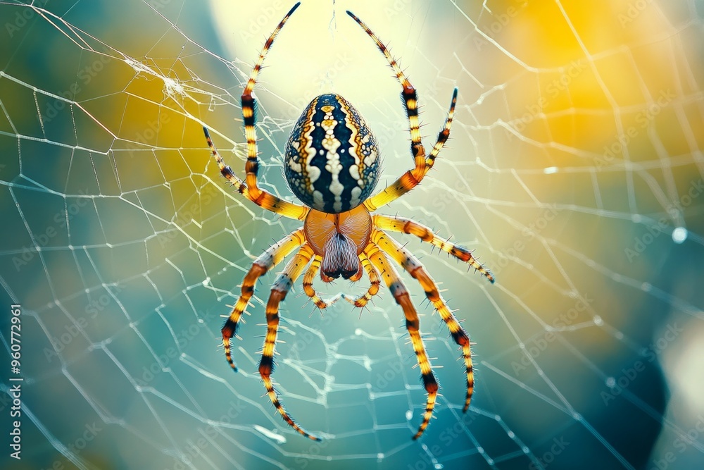 Close-up of vibrant spider on intricate web in sunlit garden setting Close-up of vibrant spider on intricate web in sunlit garden setting