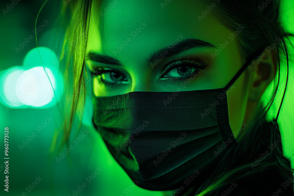 Chic Woman Donning Urban Face Mask with Neon Green Highlights, Posed in a Solid Background for a Modern Fashion Lifestyle Portrait Chic Woman Donning Urban Face Mask with Neon Green Highlights, Posed in a Solid Background for a Modern Fashion Lifestyle Portrait